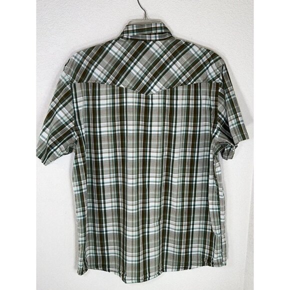 Prana Shirt Mens Large Green Brown Plaid Pearl Snap Short Sleeve Pockets Western - Picture 3 of 11